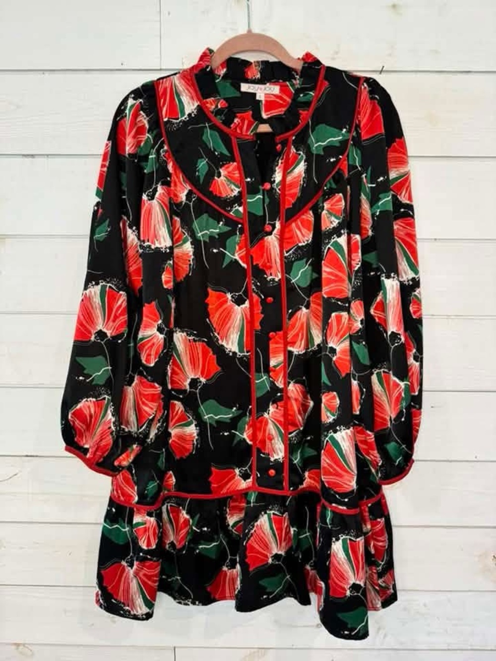 Joy Joy Black Midi Dress with Red and Green Floral Print